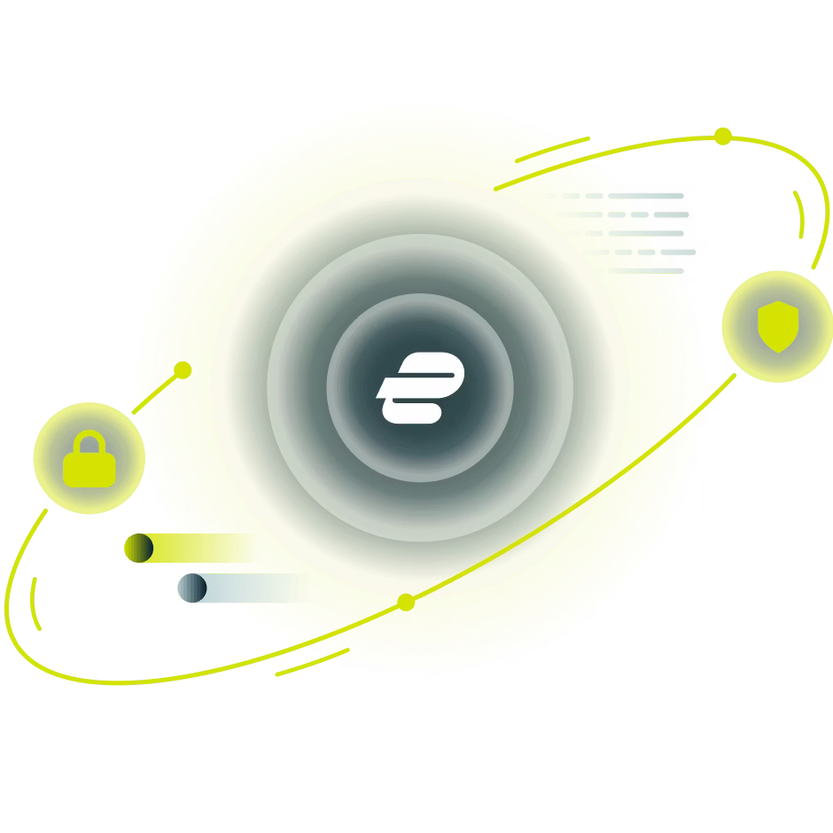 Atomes en rotation avec le logo ExpressVPN.