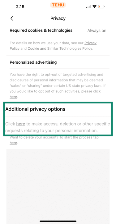Temu privacy settings with Additional privacy options highlighted.
