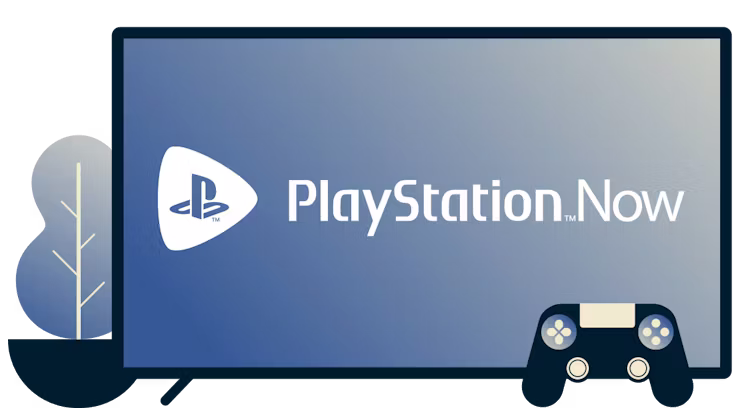 Skärm med Playstation Now-loggan, controller och en växt.