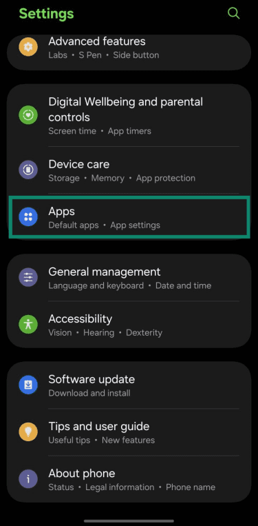 Android settings screen with Apps highlighted.