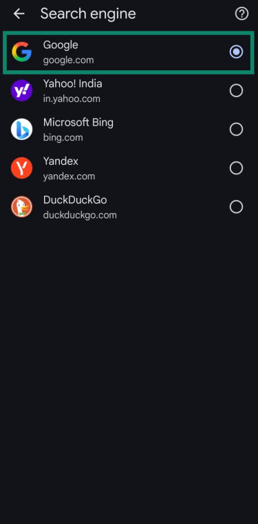 Android Chrome search engine selection page.