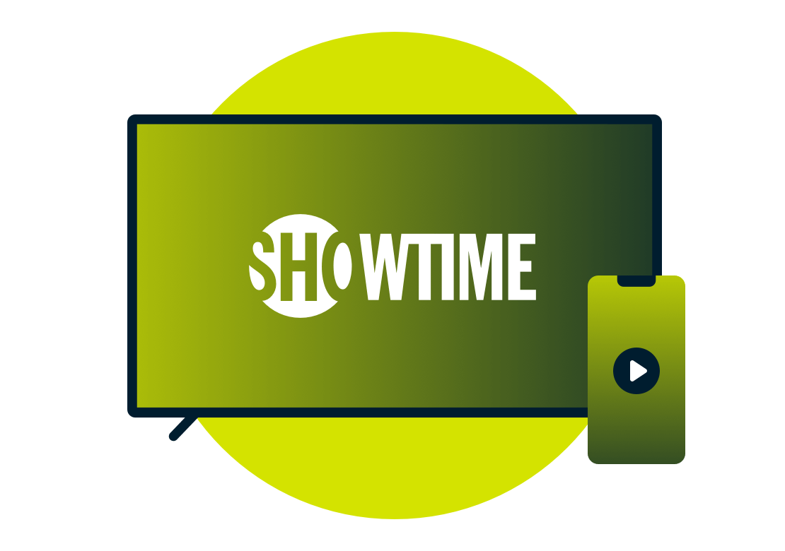 Kannettava tietokone ja puhelin, joissa on Showtime-logo.