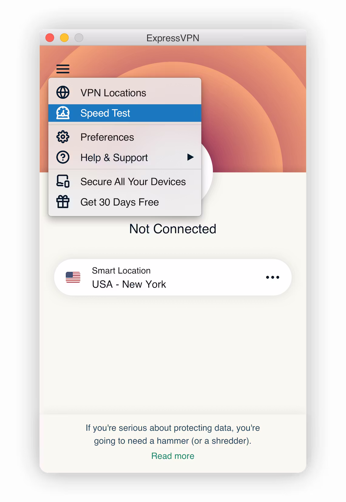 Selezionando Speed Test sull'interfaccia ExpressVPN.
