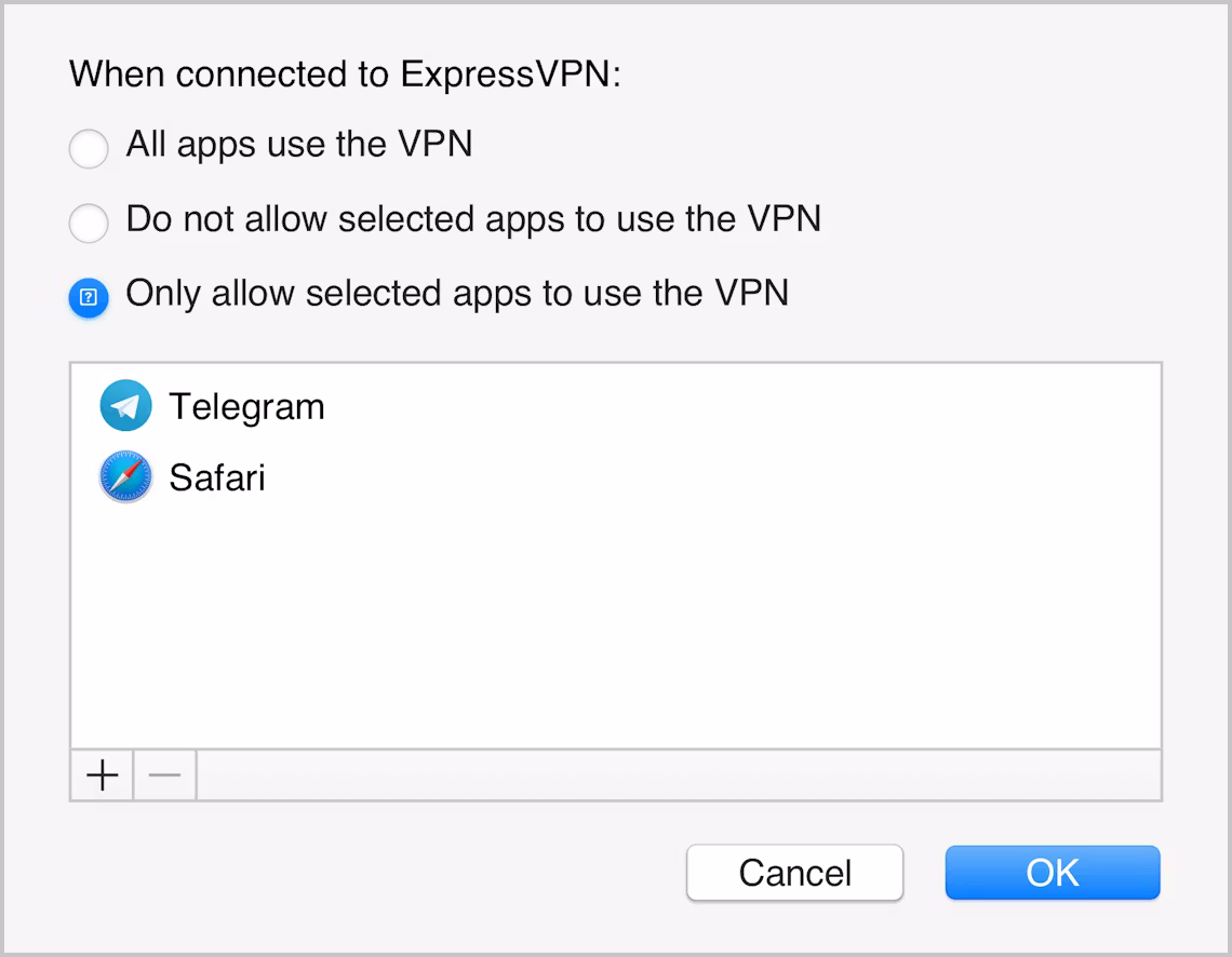 ExpressVPN-sovelluksen käyttöliittymä Macilla, jossa näkyy vain valitut sovellukset, jotka VPN suojaa.