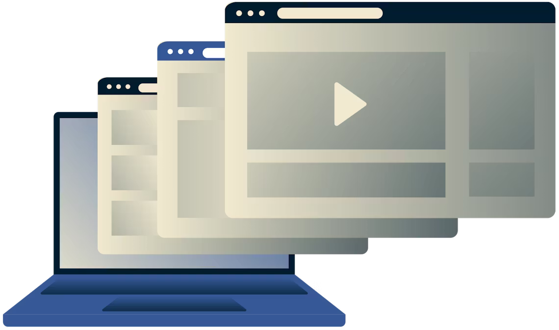 Video, müzik, spor ve sosyal medyanın engelini kaldırın. Birkaç tarayıcı penceresi gösteren dizüstü bilgisayar.