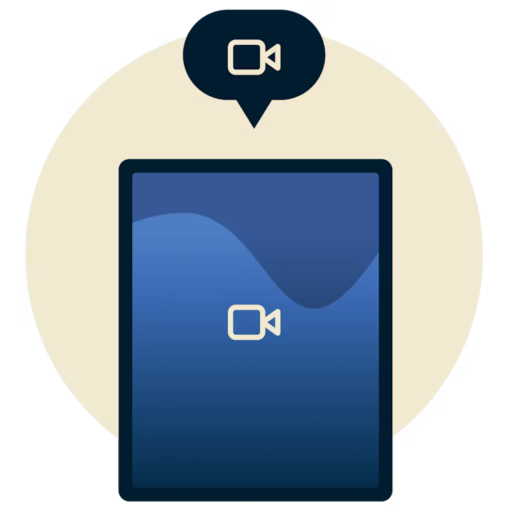Video chat su un telefono: Tablet che mostra un'icona video con una bolla di discorso che mostra un'icona video sopra di essa.