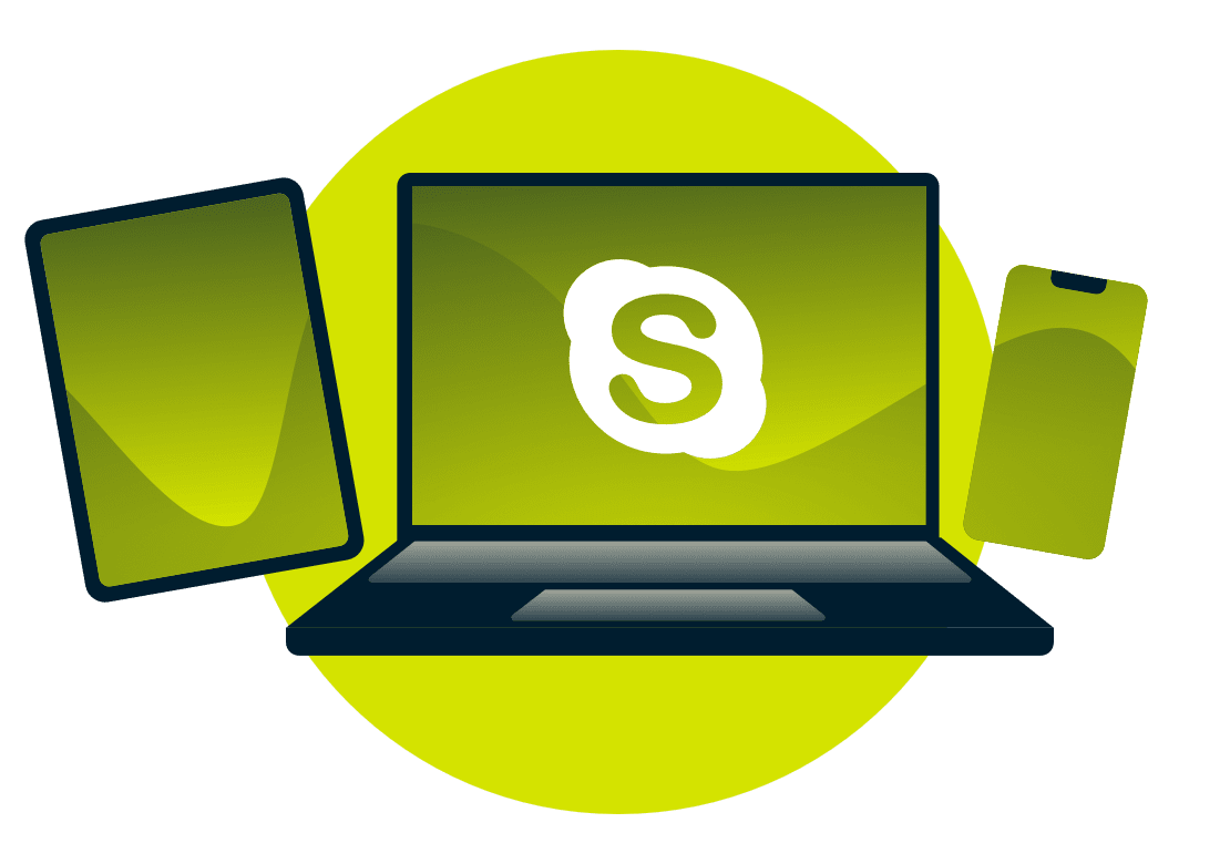 Um laptop, tablet e telefone, com o logotipo do Skype.