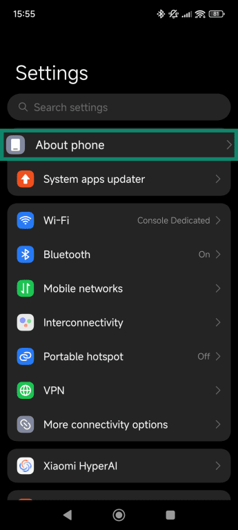 Android settings screen, showing how to access the About phone settings.