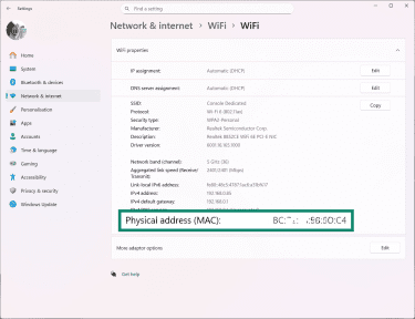 Windows 11 Wi-Fi hardware properties, showing the device's MAC address.