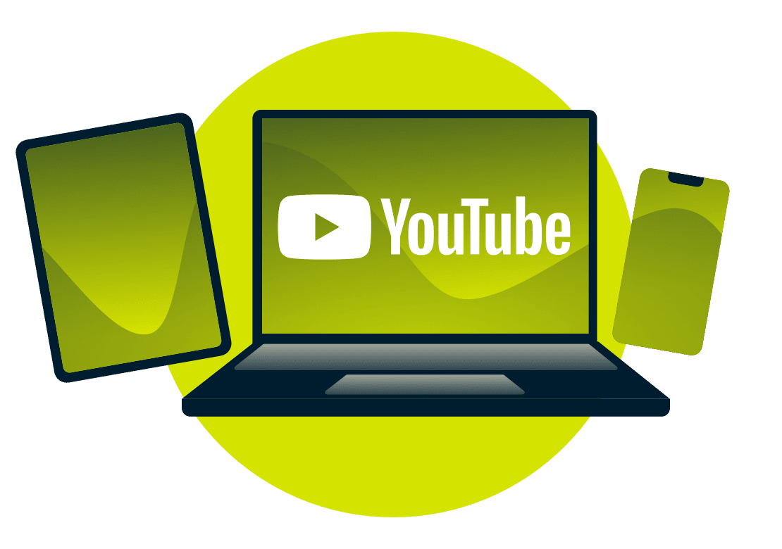 Ein Laptop, ein Tablet und ein Smartphone mit dem YouTube-Logo.