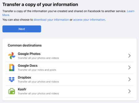 Facebook transférer vos informations.