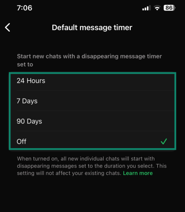 WhatsApp default message timer settings screen with different message expiry periods highlighted.