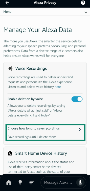 Accessing the Choose how long to save recordings menu in the Amazon Alexa app.