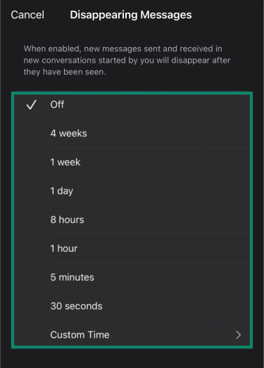 Signal disappearing messages screen with a range of durations to choose from.
