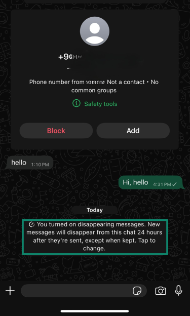 WhatsApp chat screen showing the disappearing messages notification after being enabled.