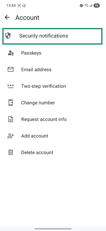 WhatsApp Security notifications option.