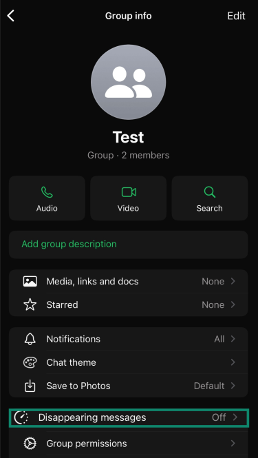 WhatsApp group settings screen with Disappearing messages highlighted.