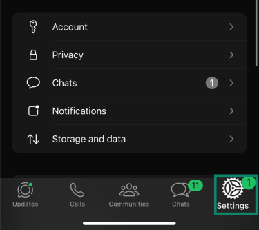 Closeup of WhatsApp page with Settings highlighted.