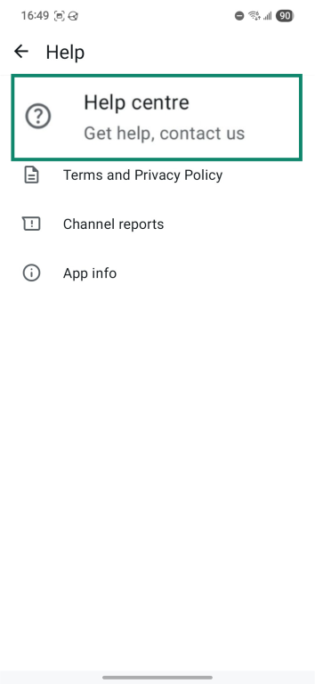WhatsApp Help center option in Help settings.