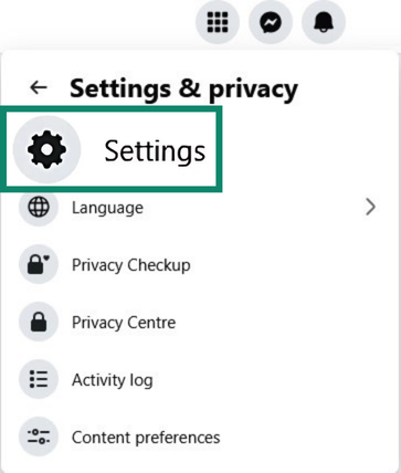 Facebook Settings & Privacy with Settings highlighted.
