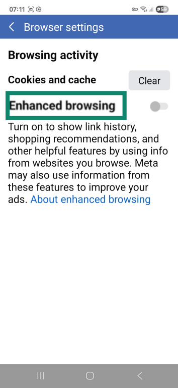 Facebook mobile app Browser settings with the Enhanced browsing toggle highlighted.
