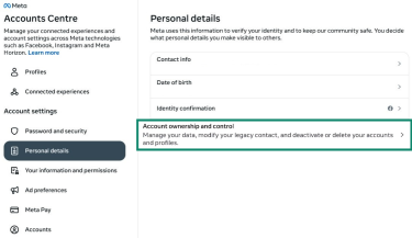 Facebook Accounts Centre Personal details tab with Account ownership and control highlighted.
