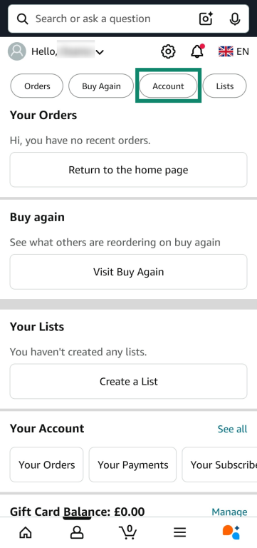 Accessing the Account menu on the Amazon app.