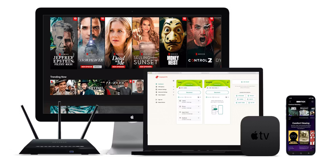 Various devices showing Netflix and router dashboard screens