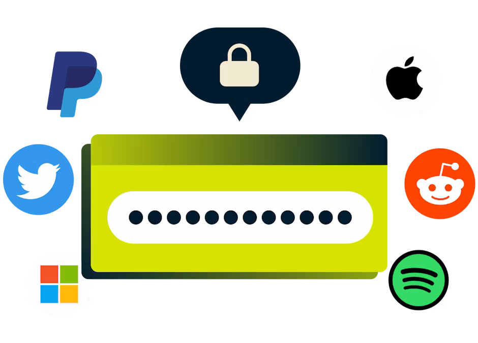 Password field with lock icon surrounded by account types.